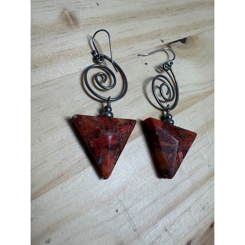 Artisan 925 Sterling Silver Triangle Red Jasper Earrings Spiral Dangle Boho - Picture 3 of 8